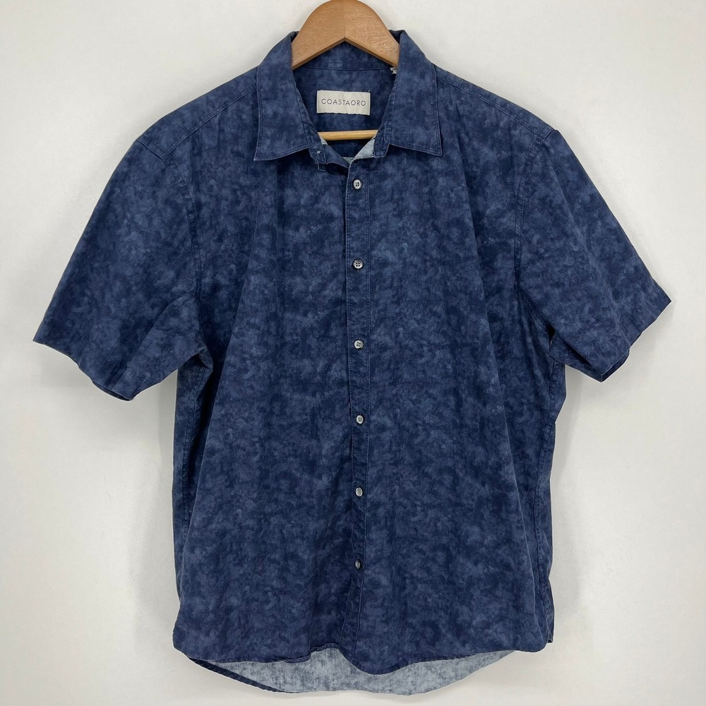 Coastaoro Mens Blue Acid Wash Short Sleeve Button Down Shirt Large